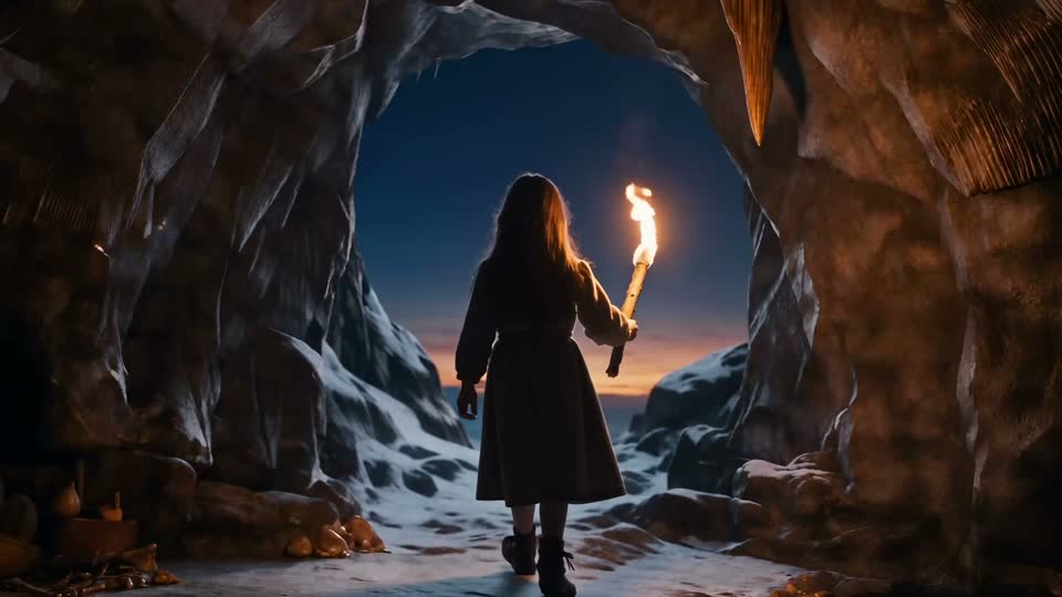 Mara stands in the cave mouth with a torch, the snow lit blue behind her.