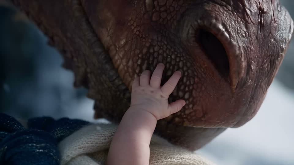 A baby's hand touches the dragon's snout.