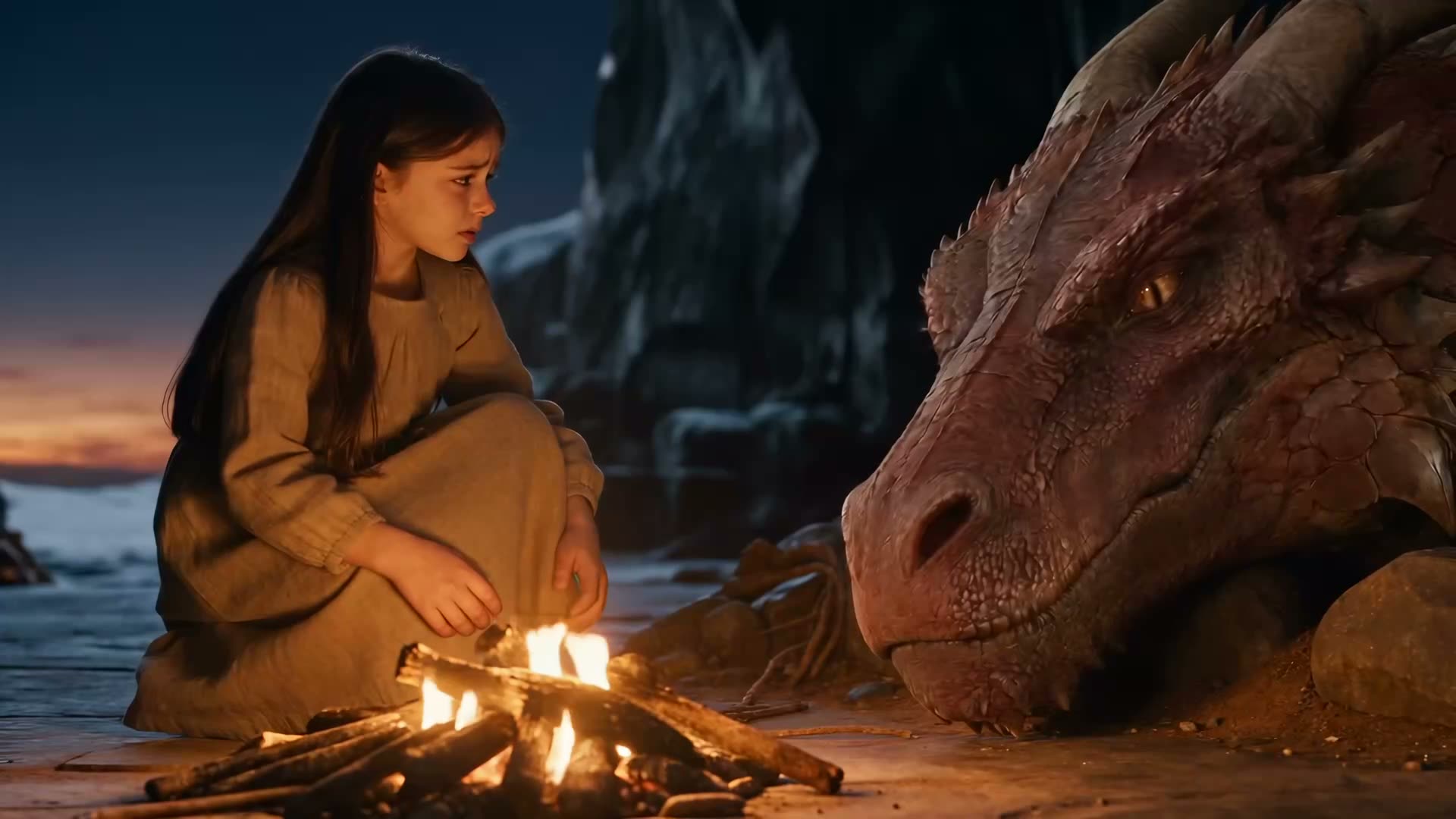 Mara sits by a small fire at dusk beside the dragon who raised her.
